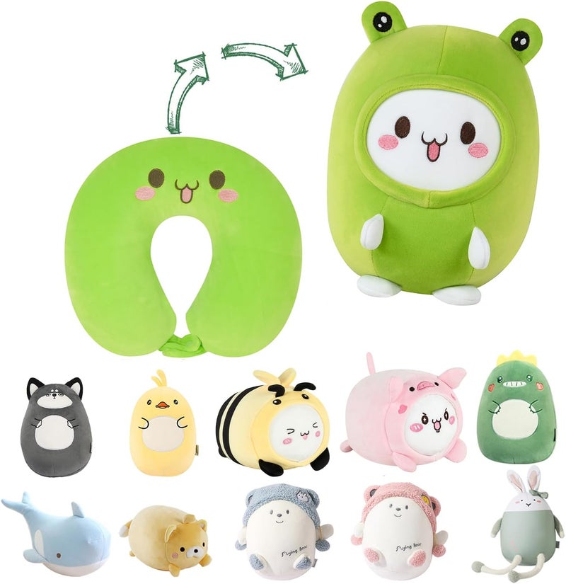 stocaggio Kids Travel Pillow - 2-in-1 Deformable Kids Neck Pillow for Traveling, Soft U-Shaped Pillow with Adorable Animal Design, Comfy Sleep and Play, Ideal for Airplanes and Traveling (Green Frog) - Image 1
